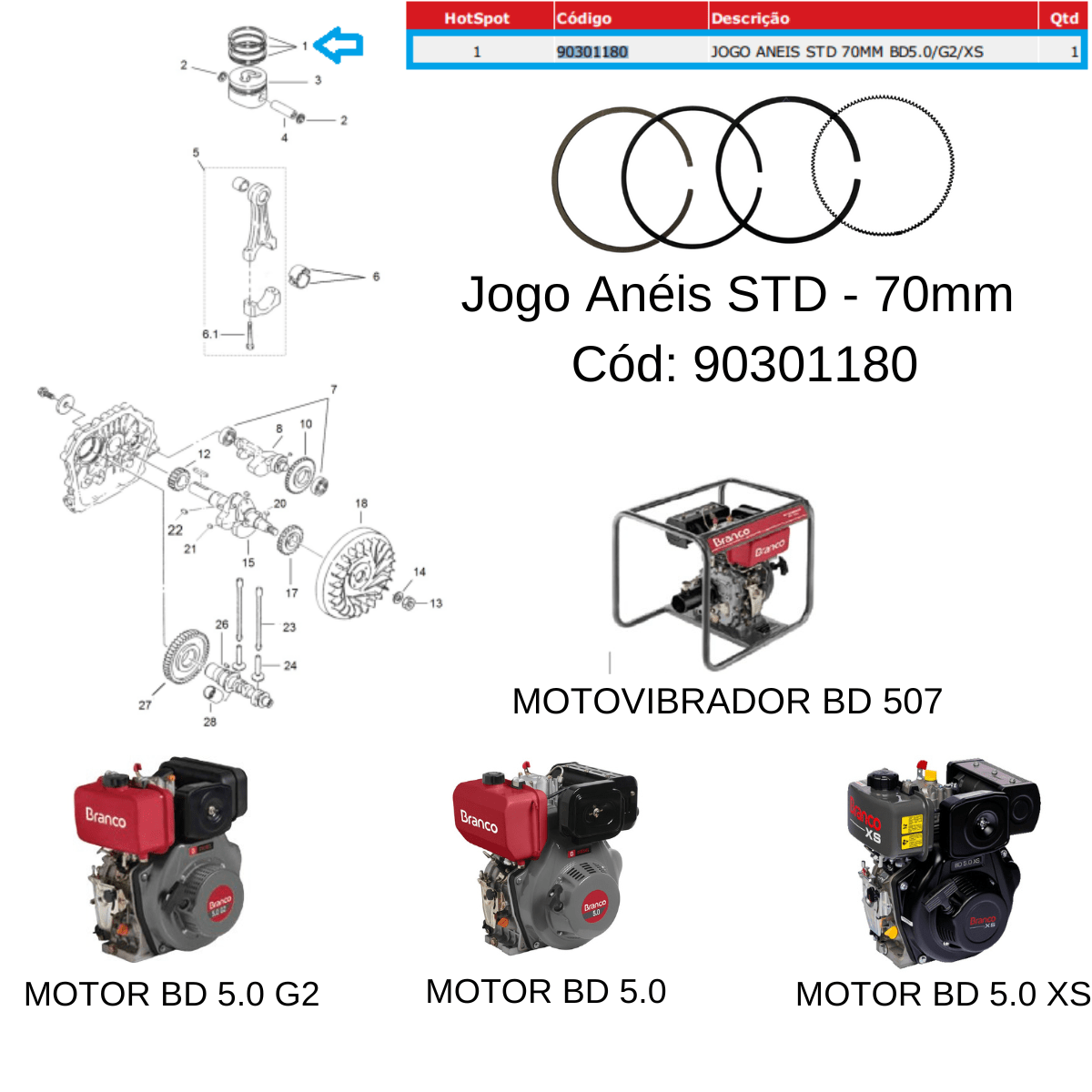 Jogo Anéis Standart 70mm para Motor BD 5.0hp Branco Original Cor:Única;Tamanho:Único