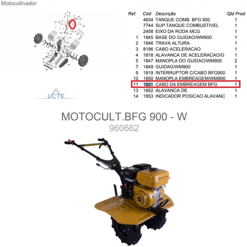 Cabo Da Embreagem Motocultivador Bfg900 BFD850 Buffalo 1821