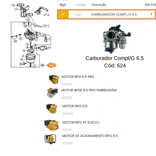 Carburador Completo para Motor Estacionário 6.5HP Buffalo