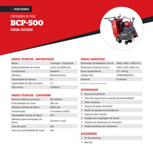 Cortadora de Piso BCP 500 Branco - Código: 90310500