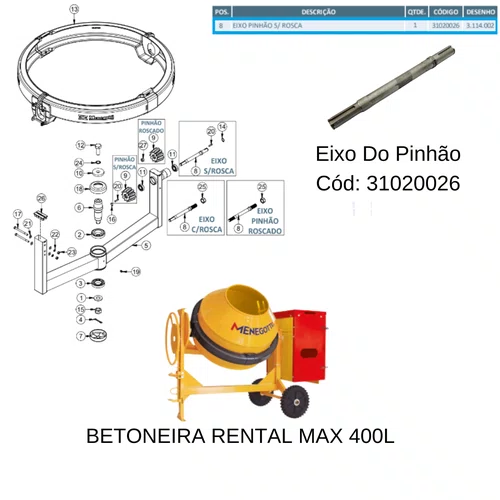 Eixo do Pinhão para Betoneira 400 Litros Profissional / Rental  - 31020026
