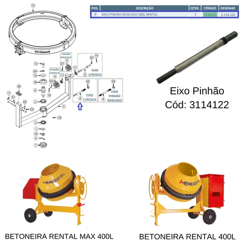 Eixo Pinhão Para Betoneira Rental Max 400l Menegotti 3114122