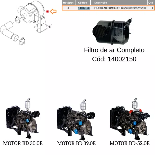 Filtro de Ar Completo 14002150 P/ Motor BD 30.0cv - Branco