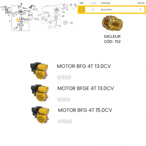 Gicleur do Carburador para Motor 13.0e15HP Buffalo Original