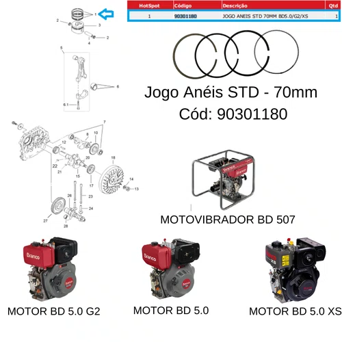 Jogo Anéis Standart 70mm para Motor BD 5.0hp Branco Original Cor:Única;Tamanho:Único