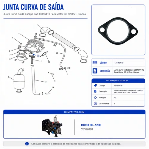 Junta Curva Saída Escape 13196410 P/ Motor BD 52.0cv Branco