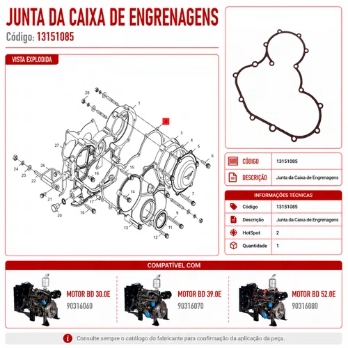 Junta da Caixa de Engrenagens 13151085 Motor BD 227 E / TE