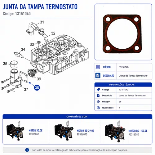 Junta da Tampa Termostato 13151040 Motor BD 30.0cv - Branco