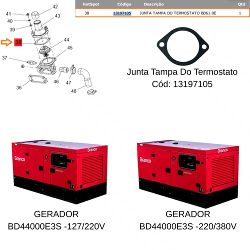 Junta Tampa Termostato Motor BD/Gerador BD44000E3S Branco