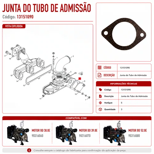 Junta do Tubo de Admissão 13151090 Para Motor BD 30.0cv