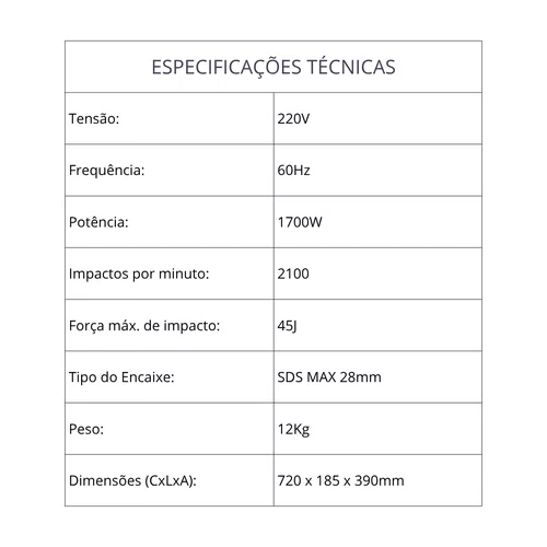 Martelo Rompedor MMR1700 45J 12KG 220V 60HZc Menegotti