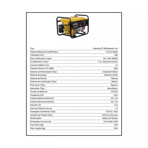 Motogerador À Gasolina 4T BFG 3.500 Part. Manual - Buffalo