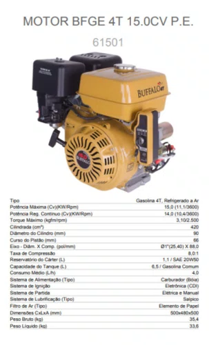 Motor Gasolina Buffalo 15CV 420cc 4T Partida Elétrica - CÓD: 61501