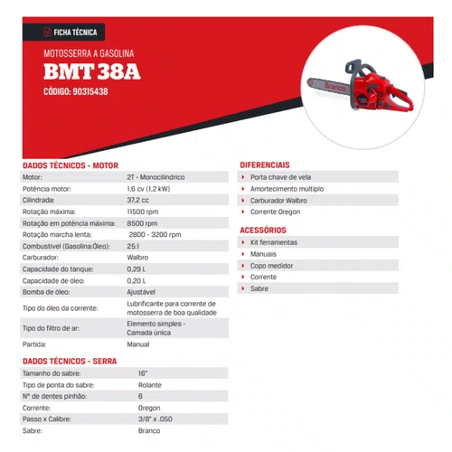 Motosserra Corrente Aregon á Gasolina BMT-38A 1,6cv Branco