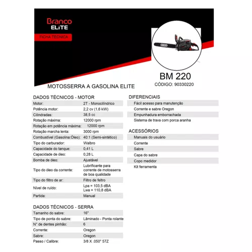Motosserra Sabre 16 Branco Elite Á Gasolina Bm-220 38,5cc