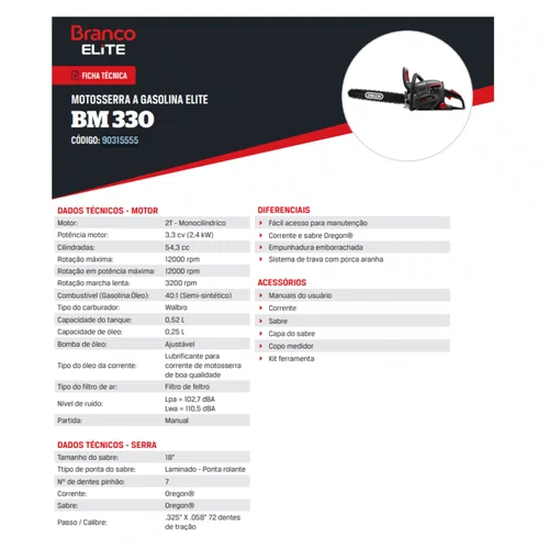 Motosserra Á Gasolina Branco Elite Bm-330 54,3cc Sabre 18" - 90315555