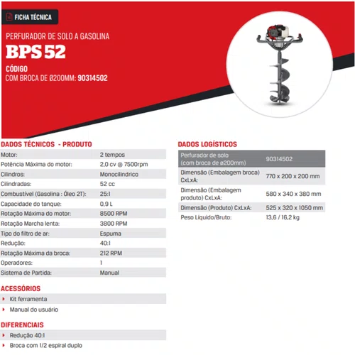 Perfurador De Solo Gasolina Branco Bps52 Com Broca De 200mm