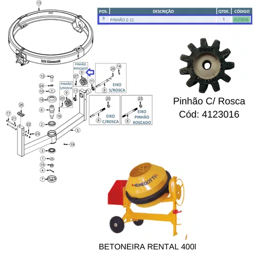 Pinhão com Rosca Z-11 Betoneira de 400 Litros Menegotti