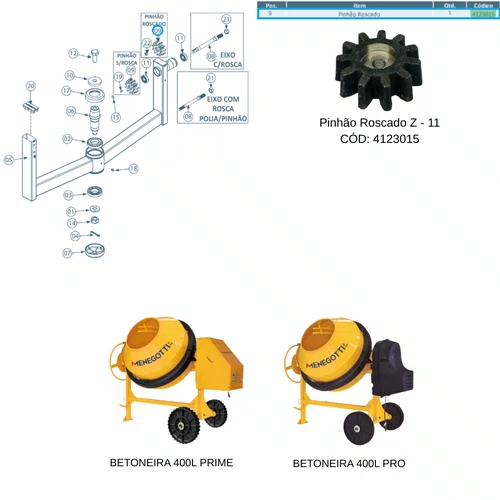 Pinhão Roscado Z - 11 Betoneira Prime 400l Menegotti 4123015