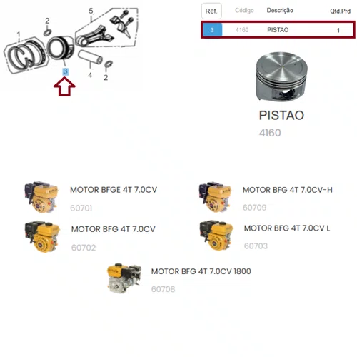 Pistão Standard 70mm para Motor á Gasolina 7.0HP - Buffalo