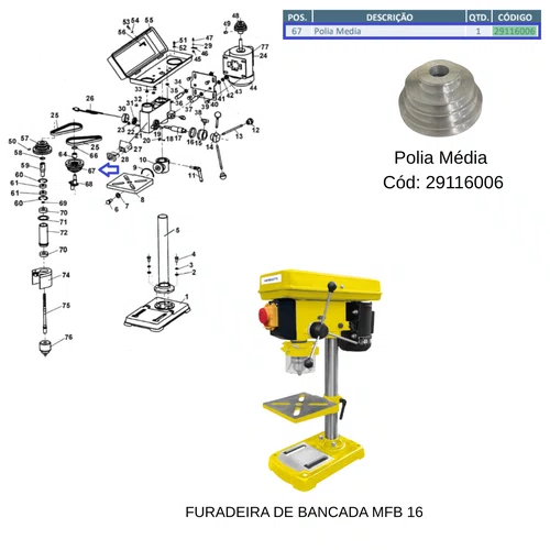Polia Média para Furadeira de Bancada MFB16 Menegotti