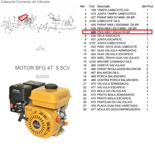Prisioneiro M8X1.25X34 ZN/BR Motor 6.5/7.0HP Buffalo Original