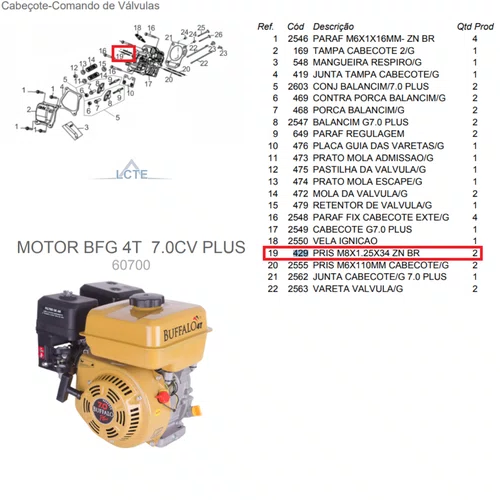 Prisioneiro M8X1.25X34 ZN/BR Motor 6.5/7.0HP Buffalo Original