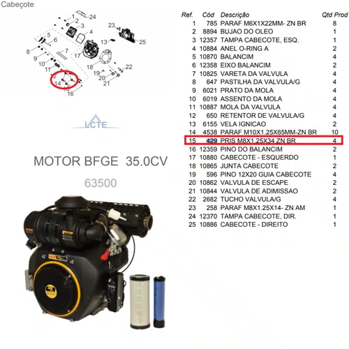 Prisioneiro M8X1.25X34 ZN/BR Motor 6.5/7.0HP Buffalo Original