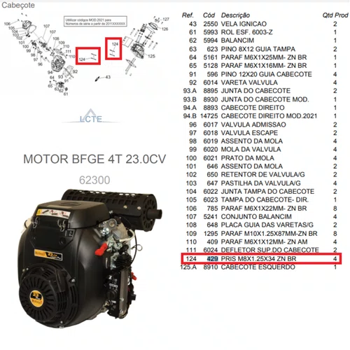 Prisioneiro M8X1.25X34 ZN/BR Motor 6.5/7.0HP Buffalo Original