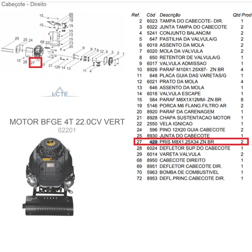 Prisioneiro M8X1.25X34 ZN/BR Motor 6.5/7.0HP Buffalo Original