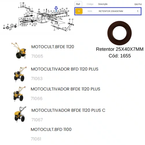 Retentor 25X40X7 Motocultivador BFD(E)1100/1120 Plus Buffalo