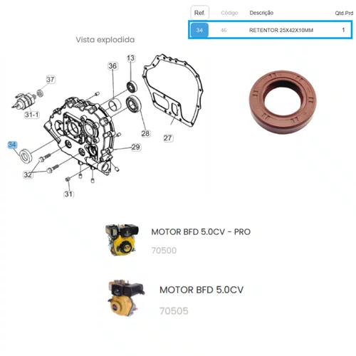 Retentor 25x42x10mm para Motor Diesel 5.0hp Buffalo Original