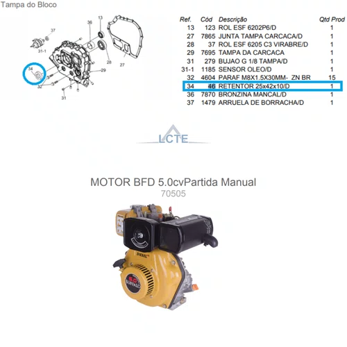 Retentor 25x42x10mm para Motor Diesel 5.0hp Buffalo Original