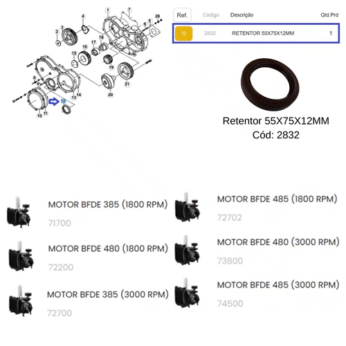Retentor 55X75X12 para Motor BFDE 385 1800/3000RPM Buffalo