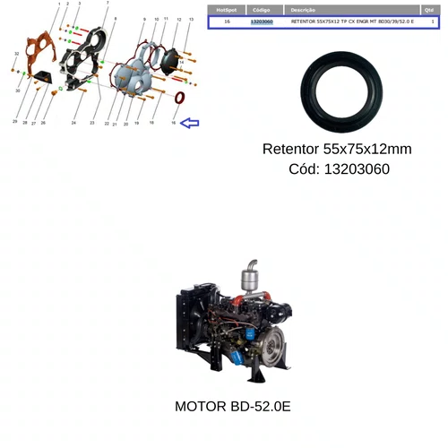 Retentor 55x75x12mm 13203060 P/ Motor á Diesel Branco 52.0cv