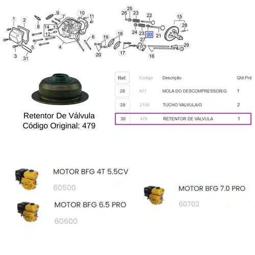Retentor De Válvula CÓD: 479 P/ Motor BFG 5.5/ 6.5/ 7.0cv