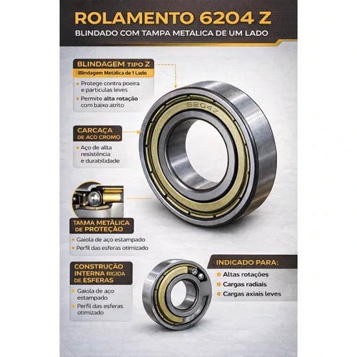 Rolamento Esfera Carga Radial Ref: 6204Z para Betoneira 400L