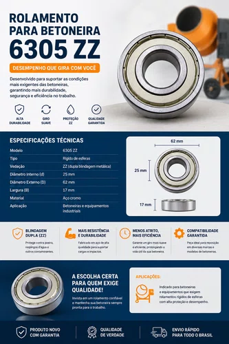 Rolamento Rígido de Esferas 6305 ZZ para Betoneira 120/150L