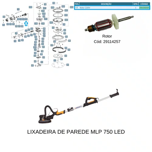 Rotor para Lixadeira de Parede MLP750 Led Menegotti