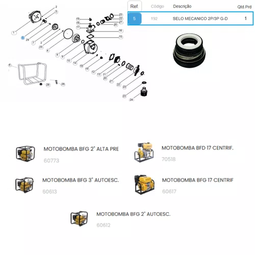 Selo Mecanico 2P/3Pol p/ Motobomba Motor 6.5cv Buffalo 192
