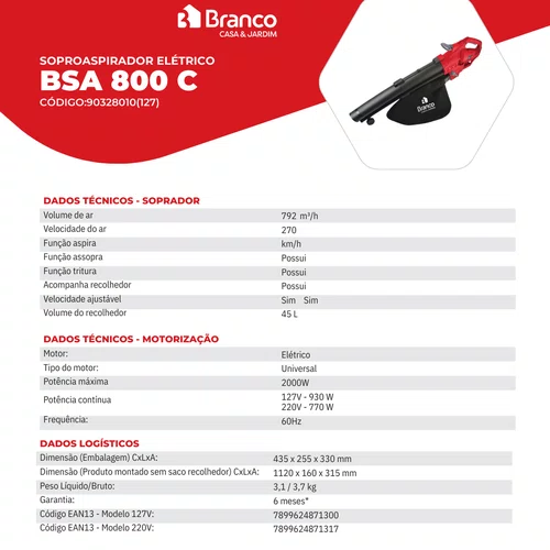 Soprador BSA 800C Elétrico Universal 2000W Branco Original