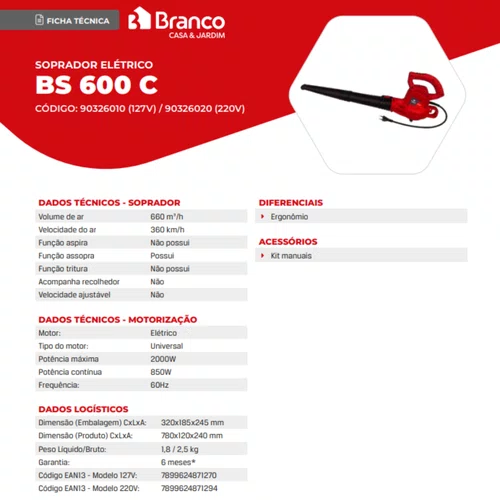 Soprador De Folhas Elétrico 2000w Bs600c 220v Branco - 90326020