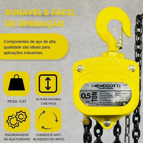 Talha de Corrente MTC 0,5 TON x 5 metros Menegotti Original
