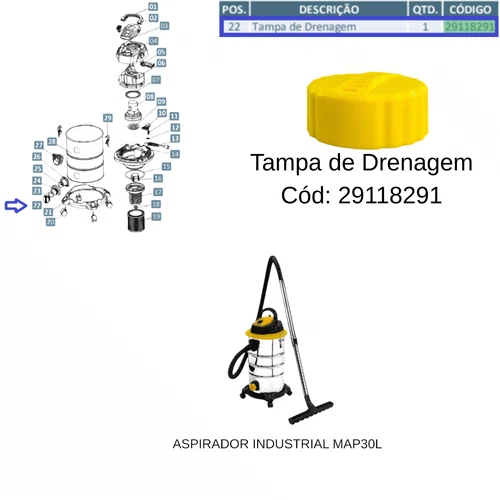 Tampa da Drenagem Para Aspirador MAP 30L Menegotti 29118291