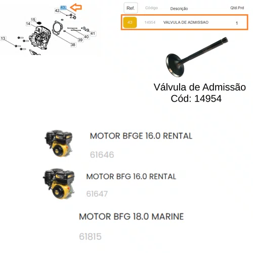 Válvula de Admissão para MotorBFG 16.0/18.0hp Rental Buffalo